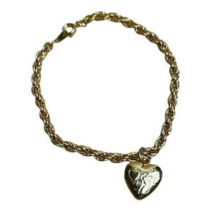 Vintage Gold Tone Sweetheart Locket Floral Design Charm Rope Chain Bracelet